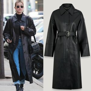 Belstaff Women's Black Dune Coat belted long leather coat collared NWT size US 4